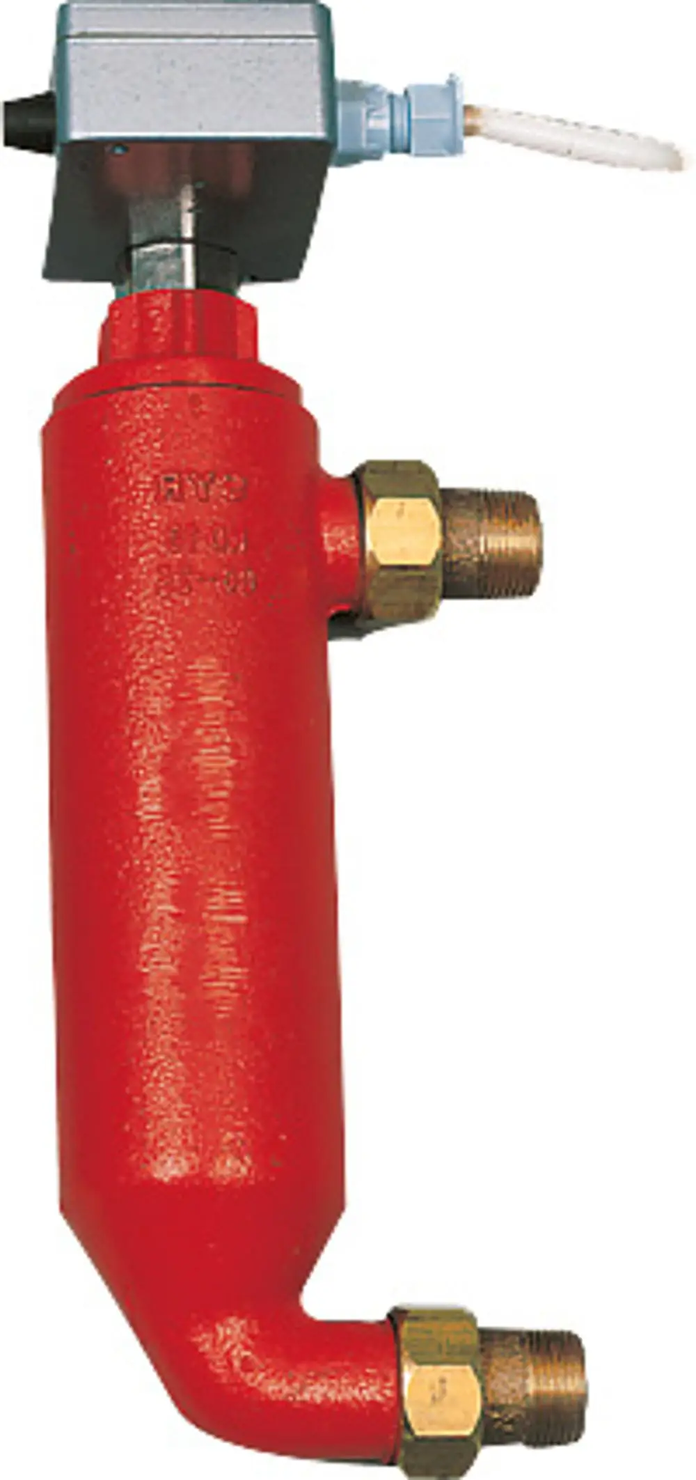 Roter Wasserabsperrventil mit Anschlussgewinden, elektrischer Steuerung und seitlichem Auslass, verwendet in Wassermangelsicherungen von Bosch.
